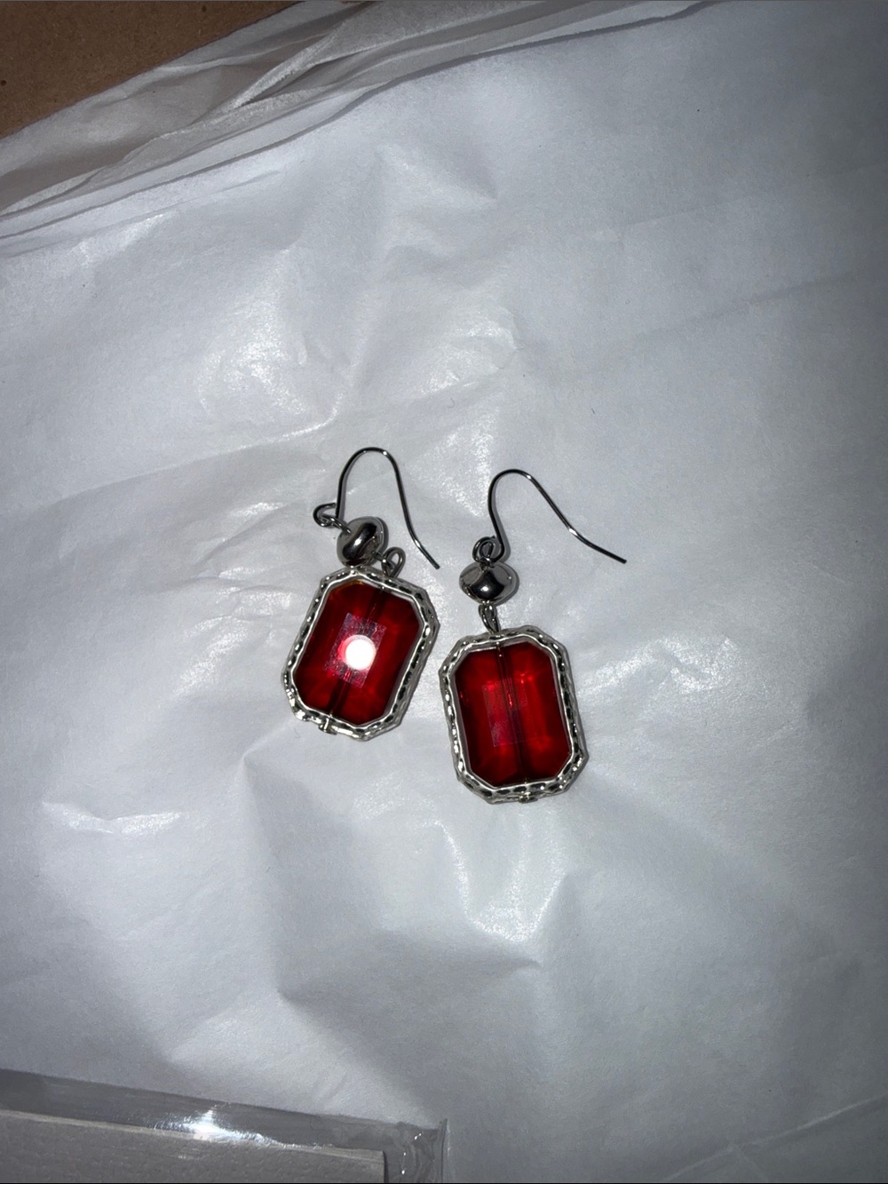 Red Gemstone Drop Earrings - Silver Tone